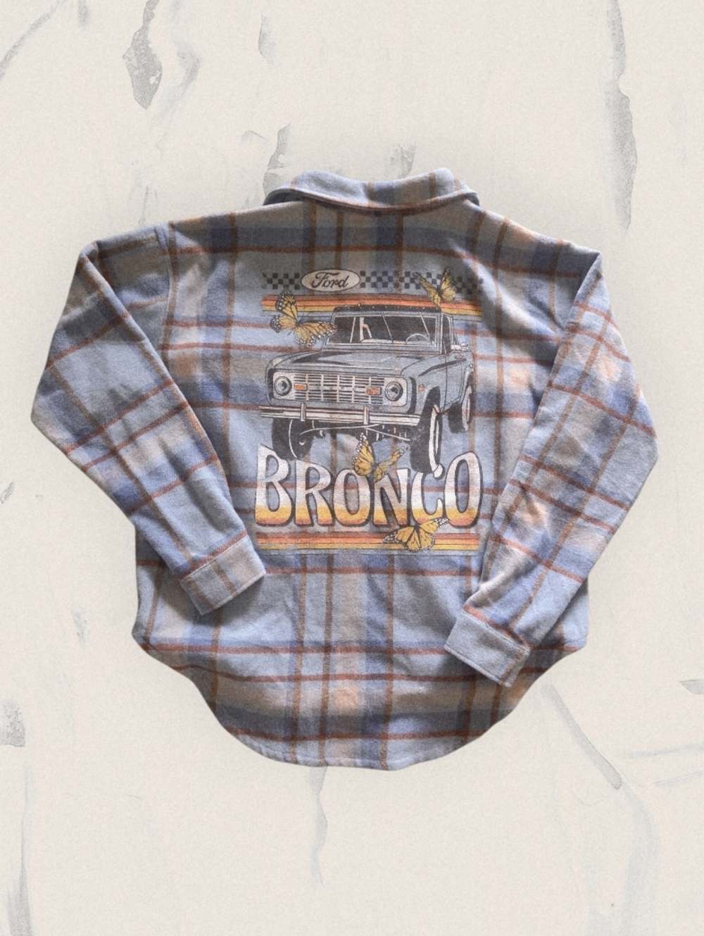 Ford Bronco Plaid Button-Up Shirt Jacket - Light Blue & Tan